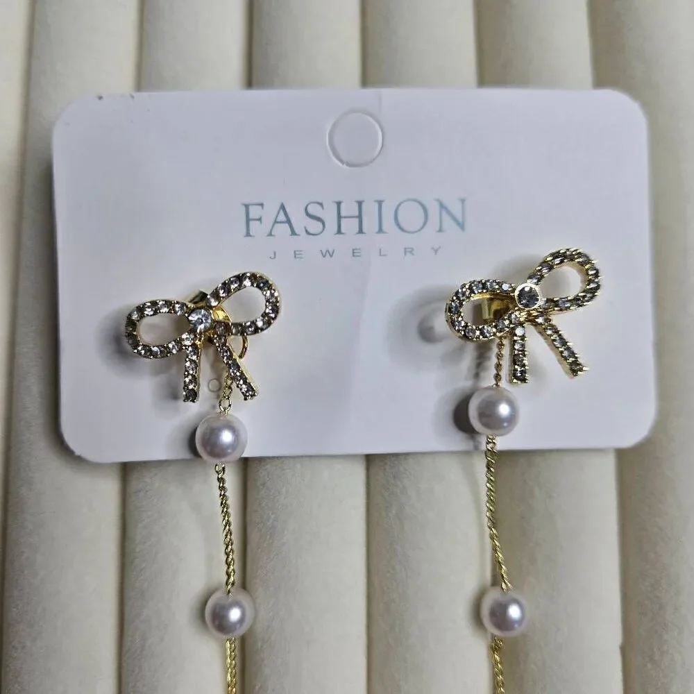 Elegant Vintage Bow Pearl Tassel Stud Earrings